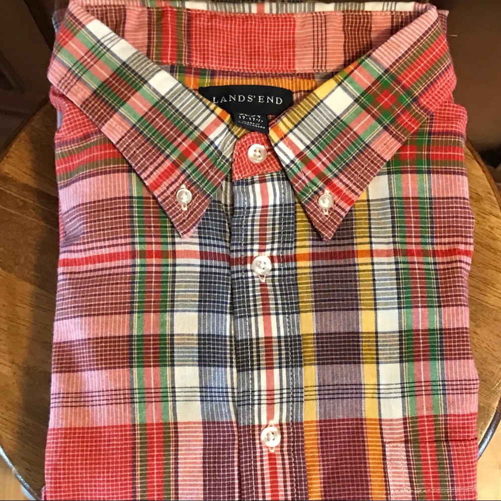 Lands’ End Madras S/S shirt. NWOT. XLT.